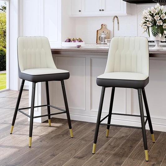 Counter Height Bar Stools Set of 2,27" Modern Bar Stools with Back,Upholstered Counter Height Bar Stool with Sturdy Metal Footrest,Kitchen Island Chairs for Home Pub (White-Grey,2)
