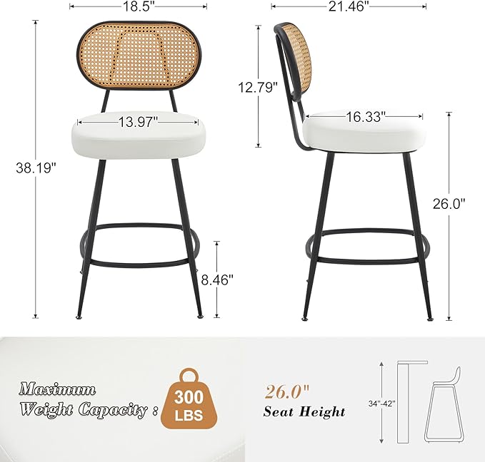 26" Rattan Barstools Set of 2, Counter Height Bar Chair with Black Metal Legs, Modern Armless PU Leather Pub Chair,Adjustable Feetpads Stools for Home Counter,Kitchen Dining Island,Cafe(White)
