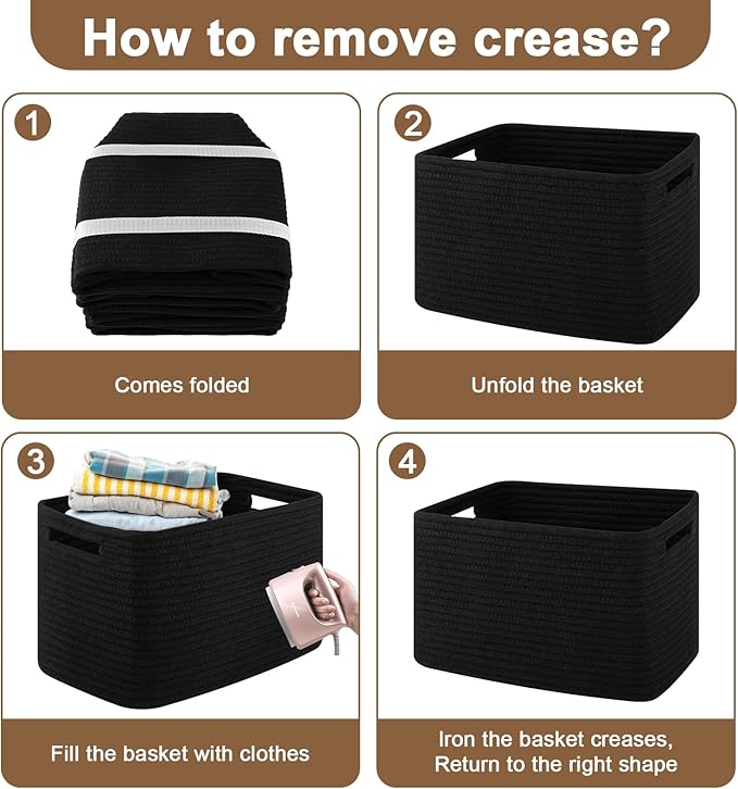 Storage Baskets for Organizing, Woven Decorative Baskets for Shelves - Books, Towels, and Clothes, Cotton Rope Toy Storage Bins, 12.7''Lx9''Wx7.8''H, Pack of 4, Black