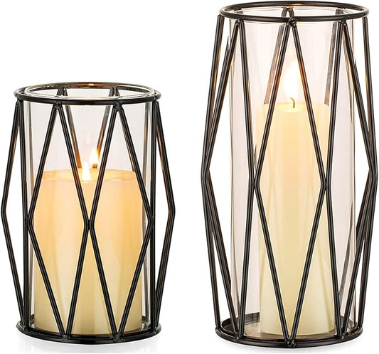 Nuptio Black Pillar Candle Holders - Glass Candles Holder with Geometric Metal Rack Stand for Wedding Birthday Party Centerpieces - Flower Vase Small Hurricane Vases for Office Living Room
