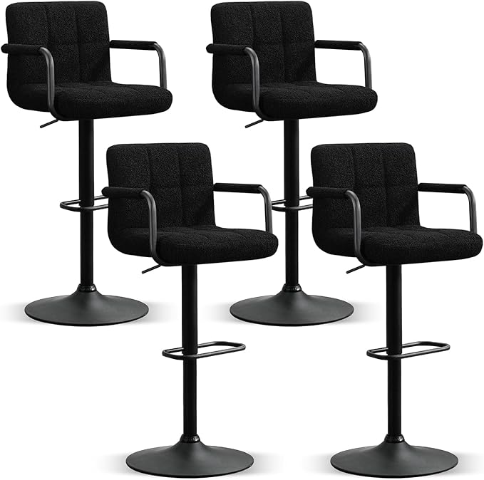 Furniliving Swivel Bar Stools Set of 4, Adjustable Kitchen Counter Height BarStools with Arms, Sherp Upholstered Bar Chair with Back and Footrest for Dining Room, Kitchen, Pub, Bar (Black)