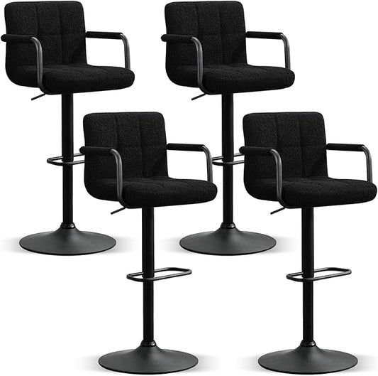 Furniliving Swivel Bar Stools Set of 4, Adjustable Kitchen Counter Height BarStools with Arms, Sherp Upholstered Bar Chair with Back and Footrest for Dining Room, Kitchen, Pub, Bar (Black)