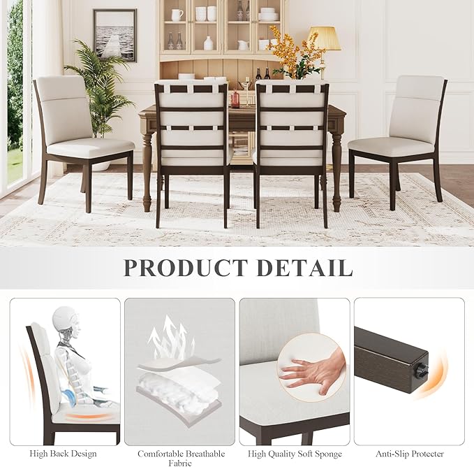 COLAMY Wooden Dining Chairs Set of 6, Modern Fabric Upholstered Kitchen Side Chairs, Farmhouse Ladder High Back Dining Room Chair with Foot Pegs - White