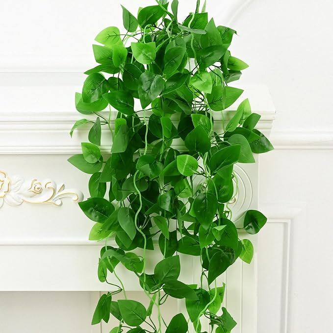 BLEUM CADE 1Pcs Fake Hanging Plants, 9 Branch Artificial Hanging Plant, Lush Faux Pothos Vines for Home Room Wall Shelf Porch Outdoor Indoor Decor (No Baskets)