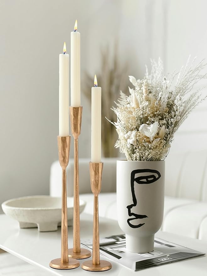 Brass Iron Taper Candle Holder Set of 3, Heavy Wrought Iron Candlestick Holders Decorative Candle Stand, Vintage Candle Holder for Wedding, Dining, Home Decoration