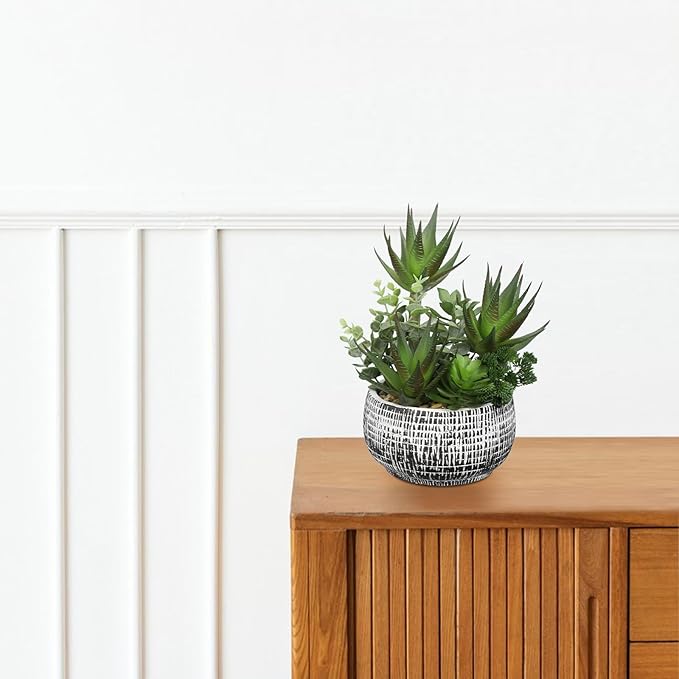 11” Large Succulents Aloe Plants Artificial in Ceramic Pots Potted Faux Succulent Eucalyptus Arrangement with Black Bowl Pots Fake Desk Succulents Plants for Home Bathroom Shelf Table Indoor Decor
