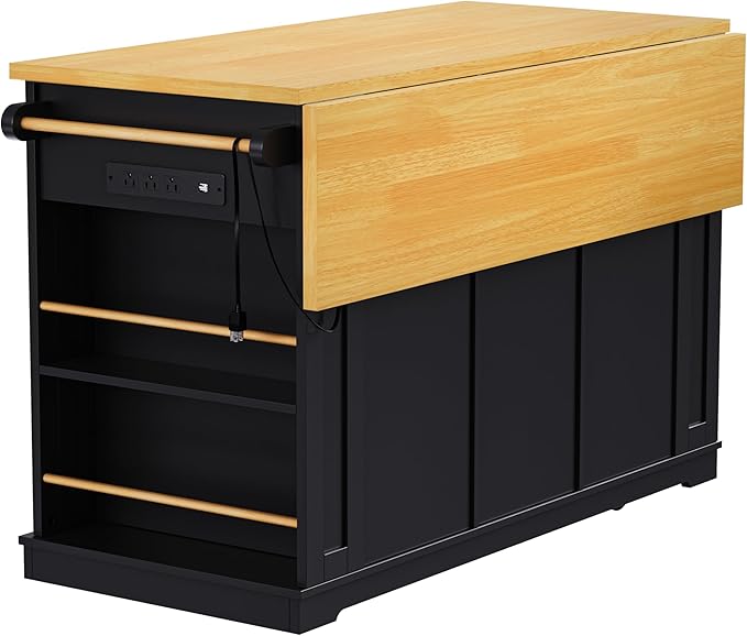 Merax 53" Upgraded Kitchen Cart Island on Wheels with Power Outlet,Drop Leaf,3 Drawers and 5 Open Side Racks,Wood Frame Storage Cabinet
