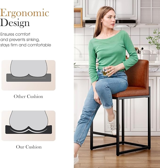 Sophia & William Brown Bar Stools Set of 2, Counter Height 24" Bar Stools for Kitchen Island, Modern Leather Barstools with Back