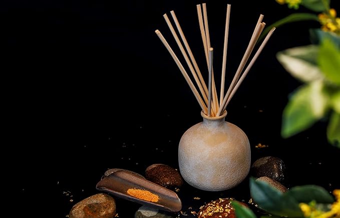 BLUEME Calm-Osmanthus & Sandalwood, 5.92 Fl Oz Wellness Diffuser, Contains Essential Oil, Sustainable, Hand Finished, Premium, Luxury Ceramic, Natural Rattan Reeds