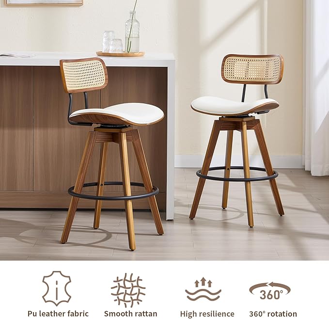 Swivel Bar Stools Set of 2, Faux Leather Counter Height Stools with Rattan Back, 26" Seat Height Upholstered Bar Chairs with Bentwood Wood Frame for Kitchen Island - Beige