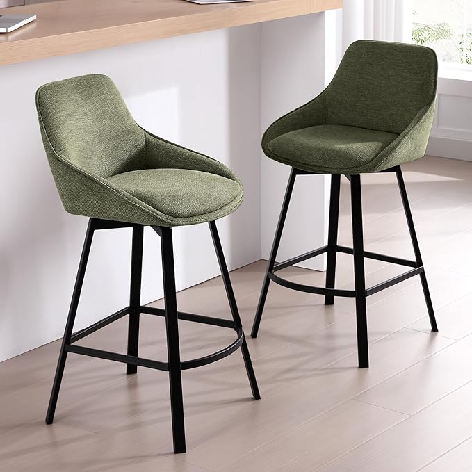 Zesthouse Swivel Bar Stools Set of 4, Modern Counter Height Barstools with Backs, 26'' Upholstered Linen Fabric High Chairs for Island Kitchen, Counter Height Chairs with Metal Legs, Green