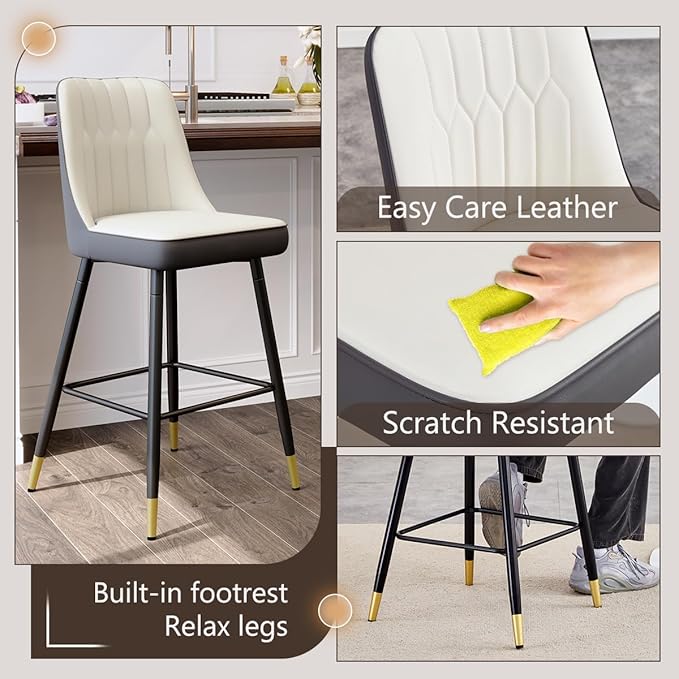 Counter Height Bar Stools Set of 2,27" Modern Bar Stools with Back,Upholstered Counter Height Bar Stool with Sturdy Metal Footrest,Kitchen Island Chairs for Home Pub (White-Grey,2)