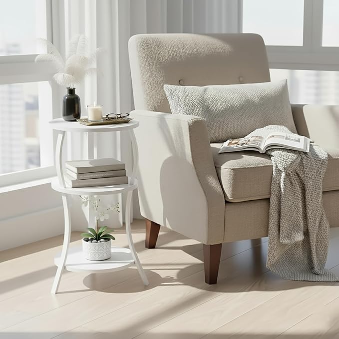 Vintage Small Round Side Table, 3-Tier Slim Waist Circular End Table with Storage Shelf, Compact Tea Sofa Table, Round Corner Coffee Table Nightstand for Living Room Bedroom Small Spaces,White