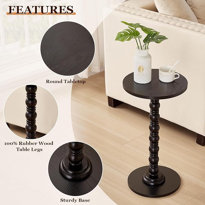 Round Side Table,Stable Small Drink Table for Small Spaces, Modern Accent Side Table with Solid Rubber Wood Table Leg,Easy Assembly for Living Room, Bedroom, Sofa & Office Corners-Black