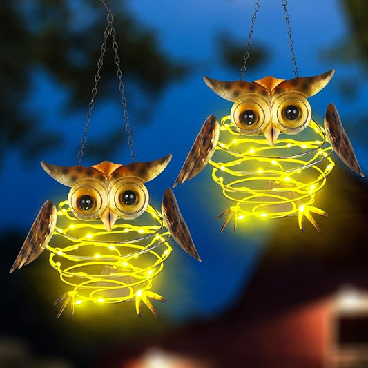 2 Pack Owl Solar Lights Outdoor Hanging Lantern with Handle, Solar Powered Owl Garden Decor for Outside Patio Yard Porch Pathway Butterfly Gifts for Women (Warm White LED Lights)