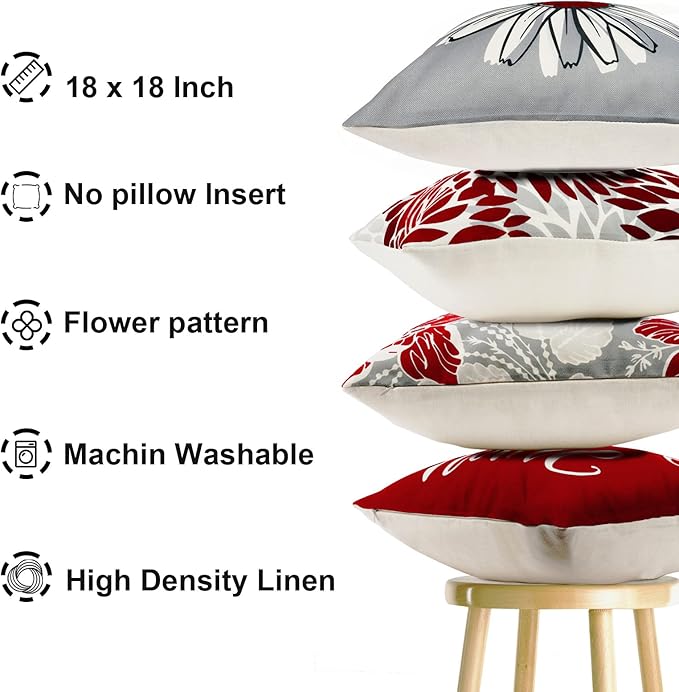 Wine Red Linen Decorative Throw Pillow Covers18x18 Pillow Covers for Couch Sofa Bed Living Room,Set of 4 Boho Pillow Covers Square Outdoor Throw Pillow Cover Cushion Farmhouse Home Decor