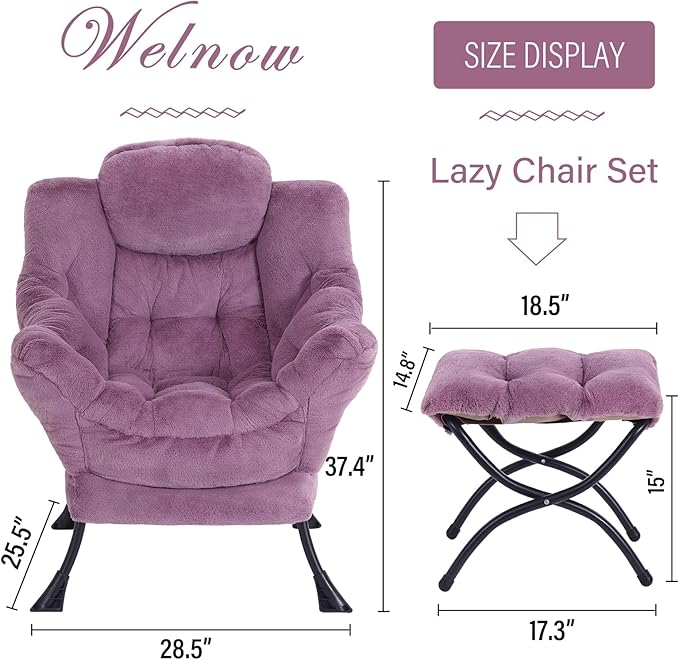 Welnow Lazy Chair with Ottoman, Modern Lounge Accent Chair with Armrests and a Side Pocket, Leisure Sofa Armchair Set, Reading Armchair with Footrest for Small Space, Plush Purple