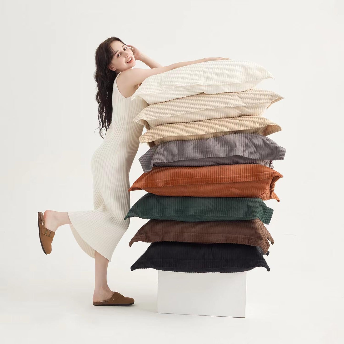 30x30 Inch Corduroy Pillow Cover Set (3-Pack) -Only Covers, No Insters（Camel/Beige/White）