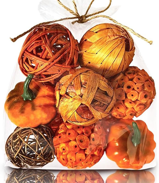 Qingbei Rina Fall Decorative Balls for Bowls, Pumpkins Bowl Fillers, Assorted Wicker Rattan Balls, Autumn Decorative Orbs Woven Spheres,Thanksgiving Holiday Home Decor(Orange)