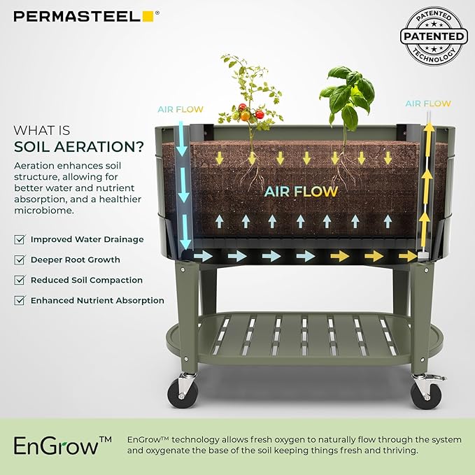 Permasteel Raised Garden Bed with Legs, 40×20×37 in, Planter Box with EnGrow™ TrueSoil™ Technology for Vegetables, Flowers, Herbs, and Fruit, Outdoor Indoor, Storage Shelf, Green