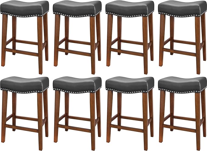 PrimeZone Counter Height Bar Stools Set of 8 - Backless Saddle Barstools with 4.3" Thick Upholstered, Nailhead Trim Faux Leather & Solid Wood Legs, 26 Inch Counter Stools for Kitchen Island, Black