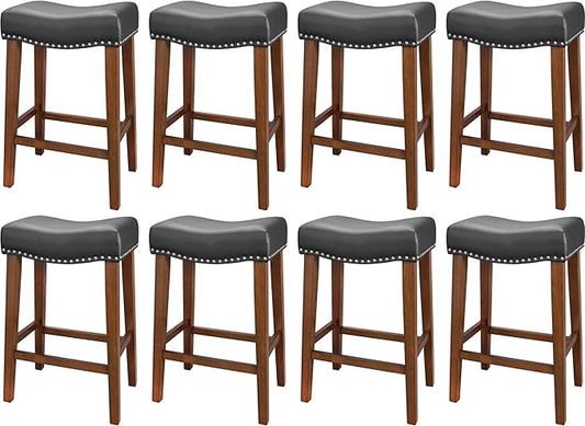 PrimeZone Counter Height Bar Stools Set of 8 - Backless Saddle Barstools with 4.3" Thick Upholstered, Nailhead Trim Faux Leather & Solid Wood Legs, 26 Inch Counter Stools for Kitchen Island, Black