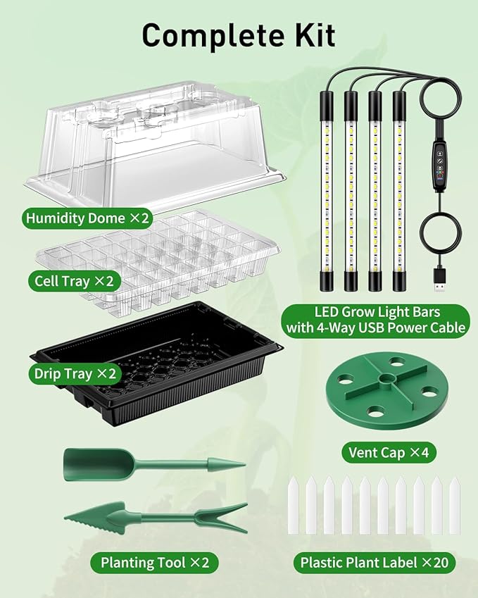 Pawfly Seed Starter Trays, 2 Pack 80 Cells Seed Starter Kit with Adjustable Grow Light Bars & 3.5" Humidity Domes, Seeding Tray with Lids, Reusable Plant Germination Trays for Seed Starting