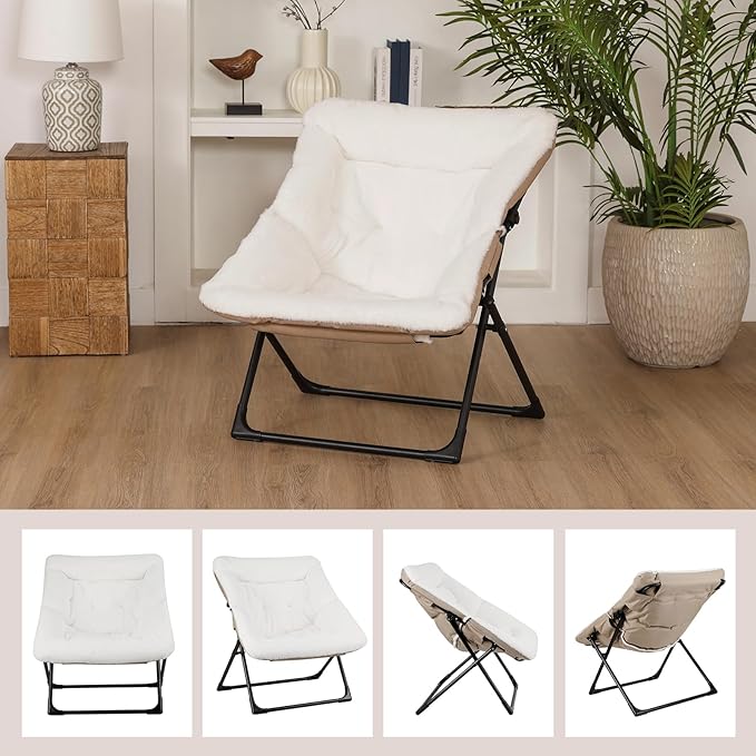 Comfy Saucer Chair for Adults, Soft Faux Fur Bedroom Chair, Accent Dorm Chairs, Flexible Living Room Reading Chairs, Oversized Folding Lounge Seat for Teens, X-Large, White