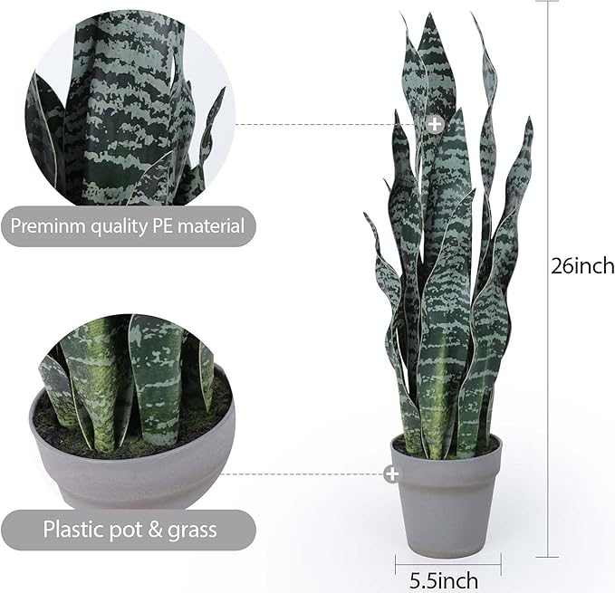 Artificial Snake Plant 25Inch Fake Sansevieria Faux Silk Potted Plant Artificial Mother in Law Tongue Plant for Indoor Outdoor Home Office Garden Decor Green