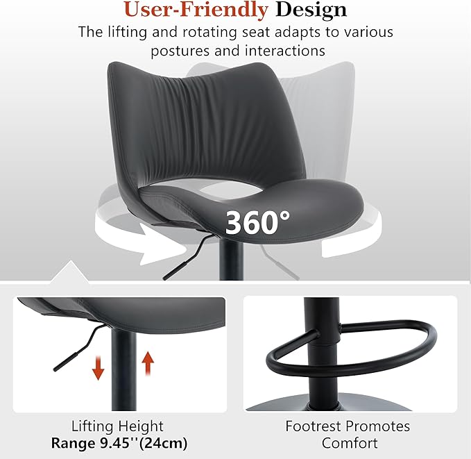 YOUNIKE Modern Bar Stools Set of 2, Black PU Leather Upholstered Barstools, Swivel Adjustable Armless Counter Stool, Ergonomic Hollow Mid Backrest Bar Chair for Kitchen Island, Home Bar Counter