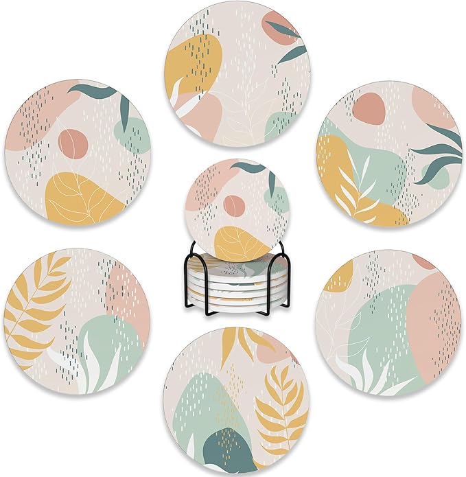 Drink Coasters Set of 6 with Holder,Abstract Dots and Leaves Absorbent Ceramic Coasters with Cork Base,Fit All Cups,Tabletop Protection Mat for Mugs and Cups,Office,Kitchen