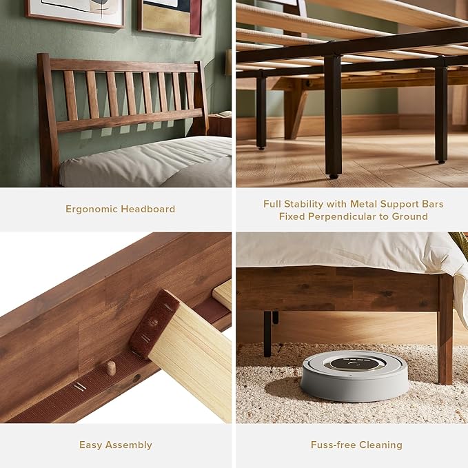 mopio Ted Bed Frame with Headboard, Mid Century Modern Acacia Solid Wood Platform Bed Frame, Wooden Slats, No Box Spring, Double Metal Bar Support (Solid Wood Slatted, Queen (U.S. Standard))