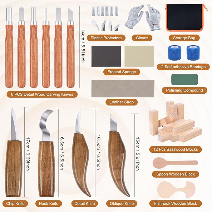 Ninonly 42pcs Wood Carving Tools Kit, Wood Whittling Knife Set for Beginners, Wood Carving Knife Set with 12 Basswood Blocks, Woodworking Kit DIY Hobbies for Adults Spoon Bowl Kuksa Cup