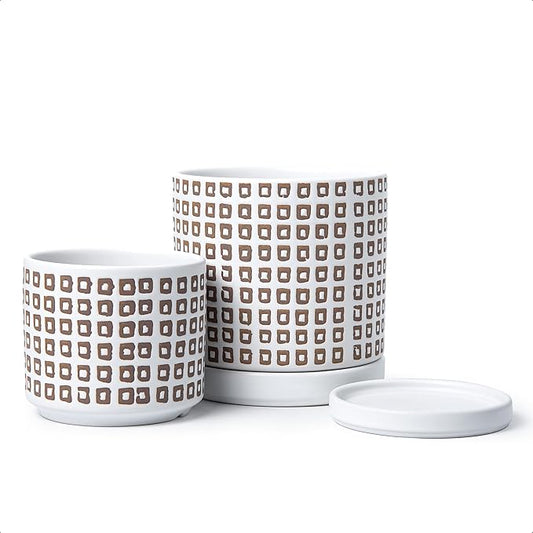 D'vine Dev Set of 2 Ceramic Planter Pots with Drainage Hole and Saucer, 4.5 Inch 6 Inch Plant Pots for Plants Indoor Houseplants, White, 99-A-1