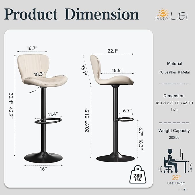 SUNLEI Swivel Bar Stools Set, Barstools Counter Height with Shell Shaped Backrest, Adjustable Moder Stools Pu Leather Bar Stools for Kitchen Counter, Island, Bar, Dining Room(White, Set of 6)