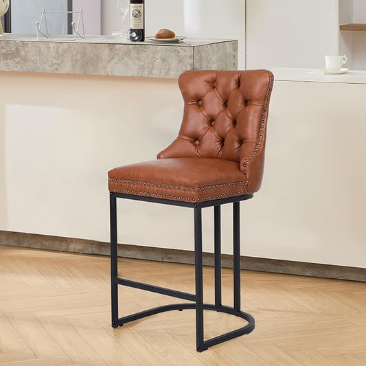 UVV Counter Height Bar Stools Set of 1, 26" Modern Barstools with Back, Faux Leather Upholstery Counter Chairs with Metal Legs for Kitchen Island, Bar, Counter, Brown