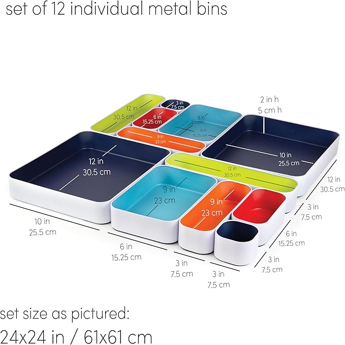 Three by Three Seattle 12 Piece Metal Organizer Tray Set for Storing Makeup, Stationery, Utensils, and More in Office Desk, Kitchen and Bathroom Drawers (Classic Colors)