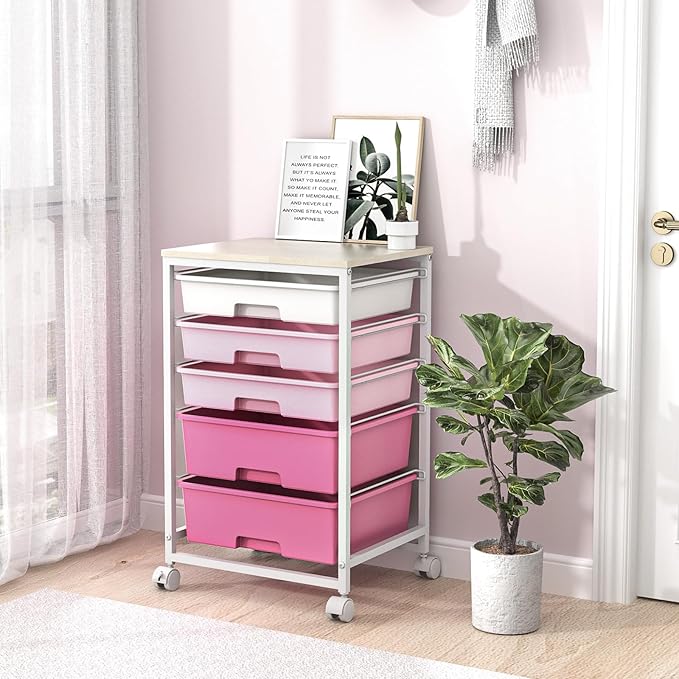 Utility Cart with 5 Drawers,Storage Drawer Cart with Wooden Tabletop and Lockable Wheels,Craft Storage Trolley Cart,5-Tier Rolling Utility Cart on Wheels,Rose Pink