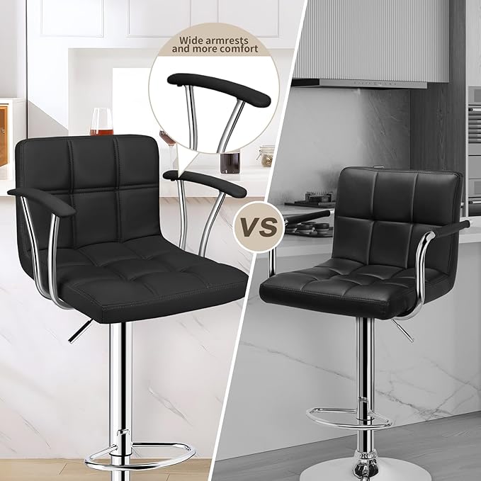 Bar Stools Set of 2,Armrest Adjustable Swivel Barstools with Back,Double Needle PU Leather Counter Height Bar Stools for Kitchen Island, Black