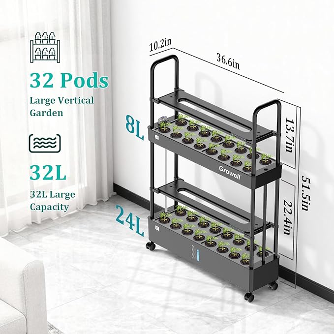 Large Basket Hydroponics Growing System Kit, 32 Pods Vertical Hydroponic Garden with 2 Grow Light Modes, Auto Circulating Water System, 32L Indoor Gardening System for Herb Vegetable Fruit