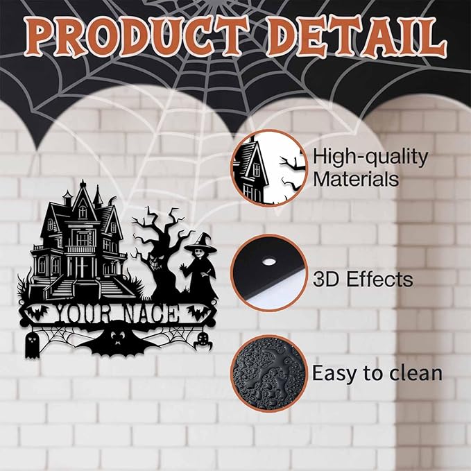 Custom Halloween Metal Wall Art with Family Name, Personalized Haunted House Metal Sign with Witch Bats Pumpkins Skull Ghost Spider, Spooky Decor for Halloween Party, Living Room, Man Cave