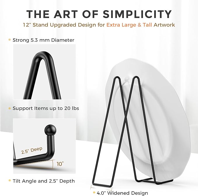 TR-LIFE 12 Inch Plate Stands for Large Heavy Duty Display - Metal Picture Frame Holder Stand + Table Top Easels for Decorative Platter, Book, Plaque, Photo (2 Pack)
