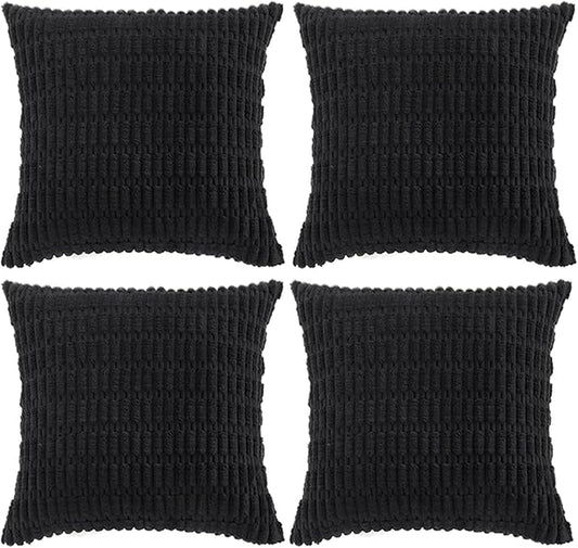 Fancy Homi 4 Packs Boho Black Decorative Throw Pillow Covers 14x14 Inch for Living Room Couch Bed Sofa, Rustic Modern Farmhouse Home Decor, Soft Plush Corduroy Cute Square Cushion Case 35x35 cm