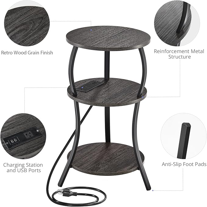 Small Round Side Table with Charging Station, 3-Tier Waist Circular End Table with Storage Shelf, Compact Tea Sofa Side Table Small Spaces, Round Corner Coffee Table for Living Room Bedroon,Grey