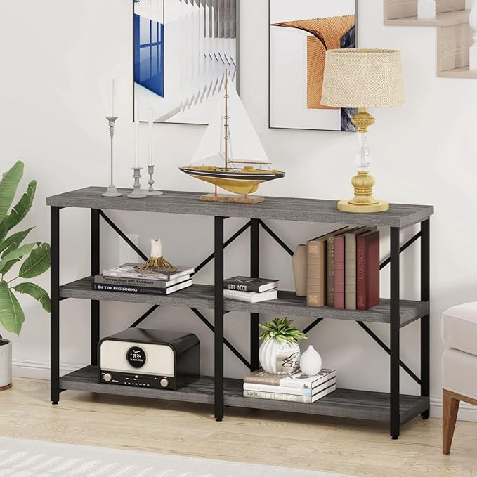 BON AUGURE 55 Inch Console Tables for Entryway, Industrial Sofa Tables for Living Room, 3 Tier Behind Couch Table, Foyer Table for Entry Way (Dark Grey Oak)