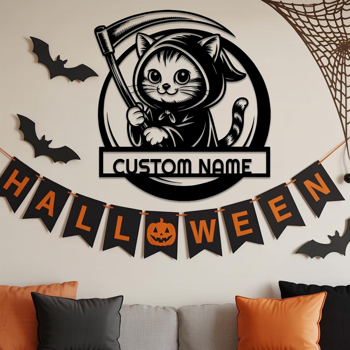 Personalized Scythe Cat Metal Sign, Custom Name Halloween Metal Wall Art, Cute Halloween Decor for Home, Living Room, Porch or Door, Halloween Decorations Outdoor/Indoor