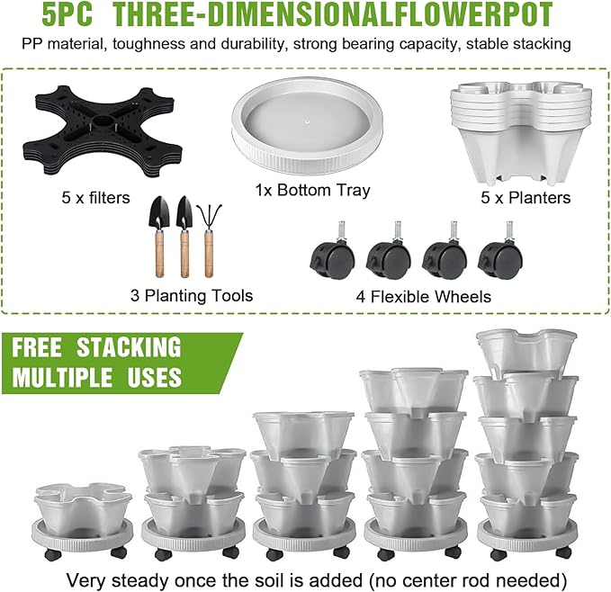 Vertical Strawberry Planter 5 Tier Stackable Tower Herb Planters-Stacking Garden Outdoor Planter Pot with Tools Mover for Succulents, Vegetables and Flowers