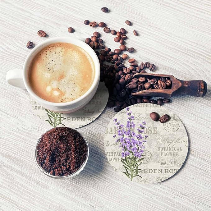 Lavender Flowers Coasters for Drinks 2 Pack Elegant Floral Leaf Plant Purple Bloom Bouquet Luxury Nature Tabletop Protection Kitchen and Coffee Table Décor & Accessories,Set of 2