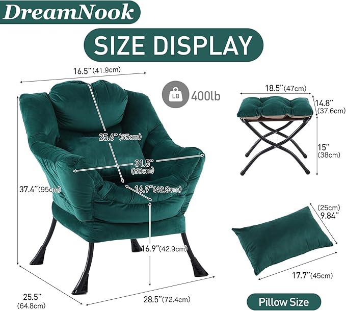 Lazy Chair with Ottoman, Modern Accent Chair with Lumbar Pillow, Comfy Chairs with Folding Footrest for Bedroom, Reading, Oversized Supportive Lounge Chairs(Velvet Dark Green)