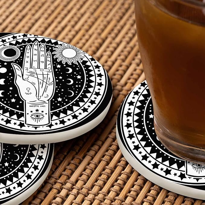 Fortune Teller Hand Coasters Set for Wood Table Palmistry Diagram Fate Mystic Occult Symbols Moon Star Sun Eye Tabletop Protection Mat for Mugs and Cups 4 Inch for Kitchen Office Home